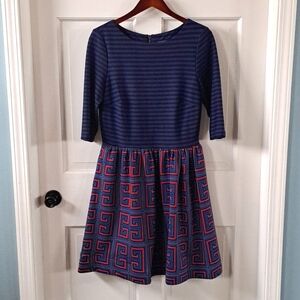 Taylor Retro Quarter Sleeve Striped Navy Pockets Fit & Flare Knee Festive Dress